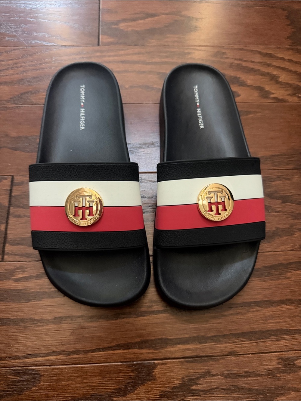 Tommy Hilfiger Navy Slides with Red and White Stripes and Gold Emblem